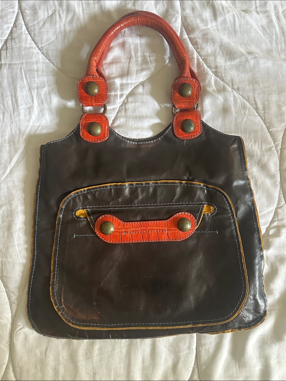 Women’s Brown Leather Tote with Orange Accent Handles